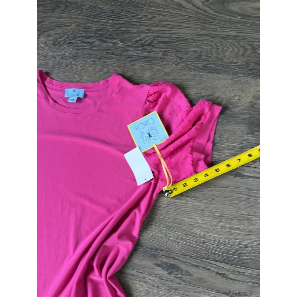 NWT CeCe Pink Dress L Ruffle Puff Sleeve Shift Barbiecore Dopamine Msrp 89.00